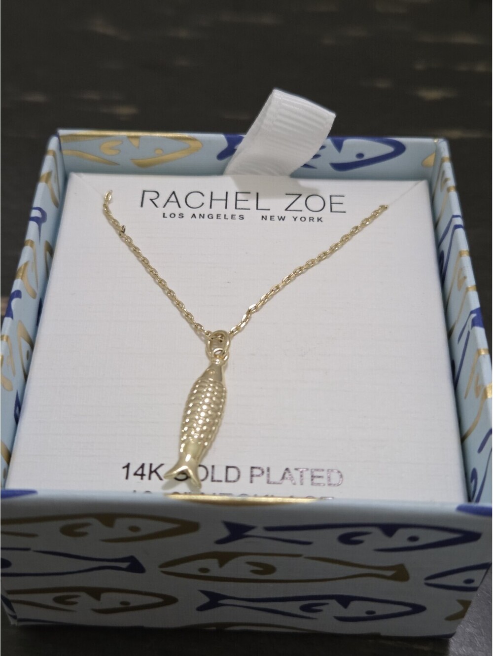 Rachel Zoe 14K Gold Plated Fish Pendant Necklace NWT Original Box No Lid